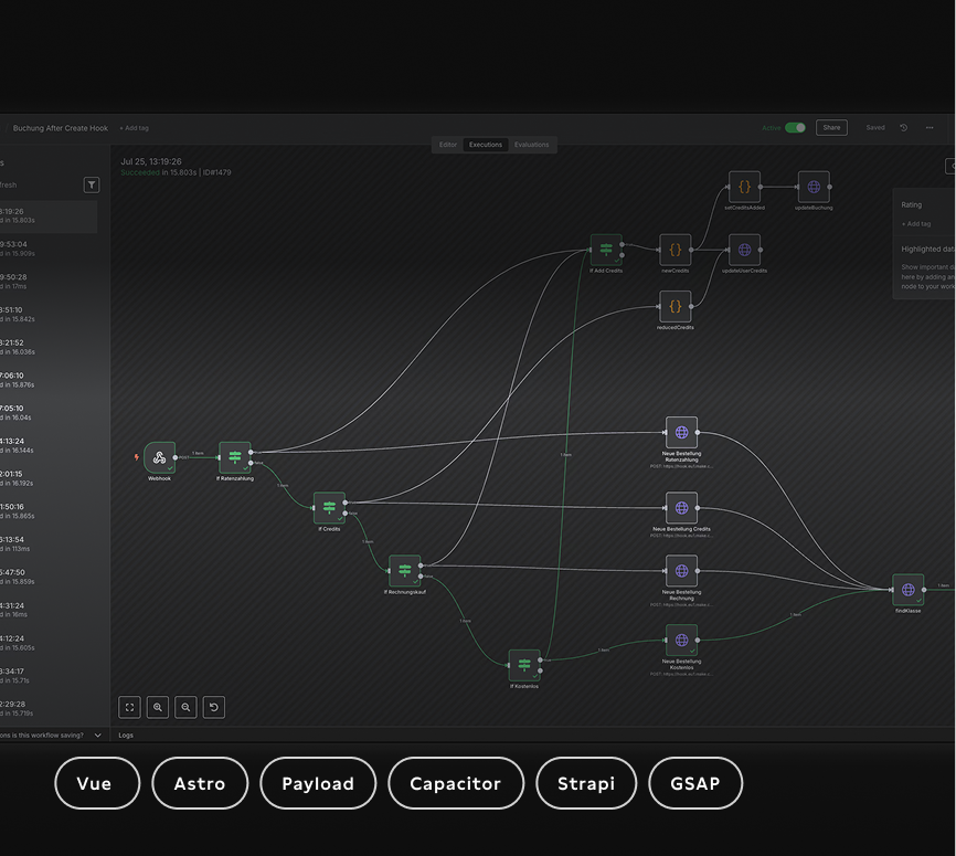 A dark-themed digital interface showing a complex flowchart with interconnected nodes labeled with various functions. The left side displays a panel of execution logs, while the center and right sides feature a web of processes connected with lines. Beside it are buttons labeled with different technologies: Vue, Astro, Payload, Capacitor, Strapi, GSAP.
