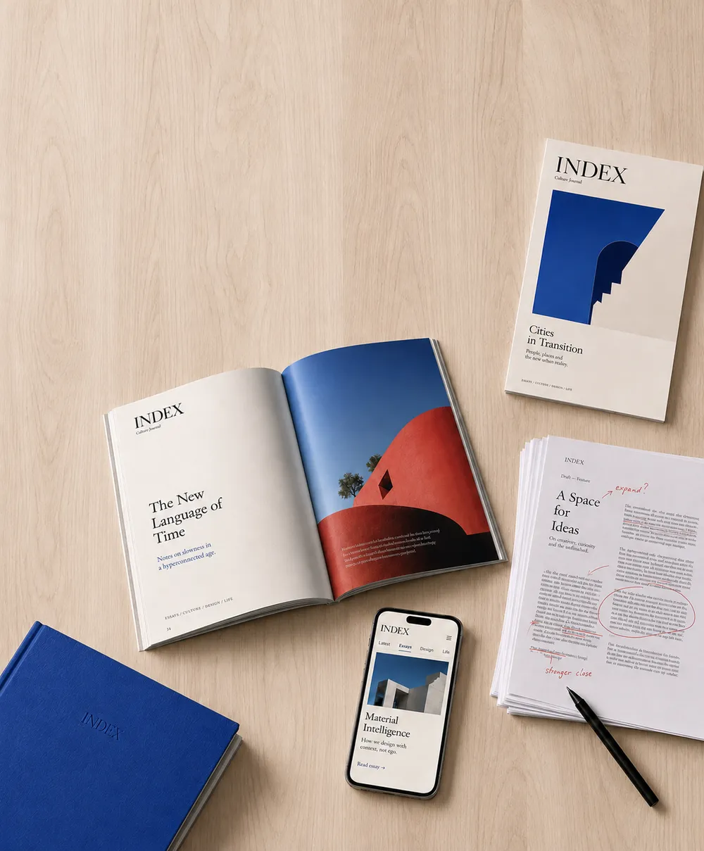 A flat lay of design materials and a smartphone on a wooden surface. The items include an open magazine displaying an article titled 'The New Language of Time,' with a large photo of a red wall against a blue sky. An adjacent pile of marked-up papers, a black pen, a blue book, and a smartphone showing an article titled 'Material Intelligence' are also visible.