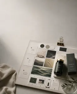 A flatlay featuring a mood board with various images and color swatches, a bottle of 'Morrow Longevity Complex' supplement, and its packaging. There's a small glass plate with leaves next to it. A beige fabric cloth is partially visible on the left side.