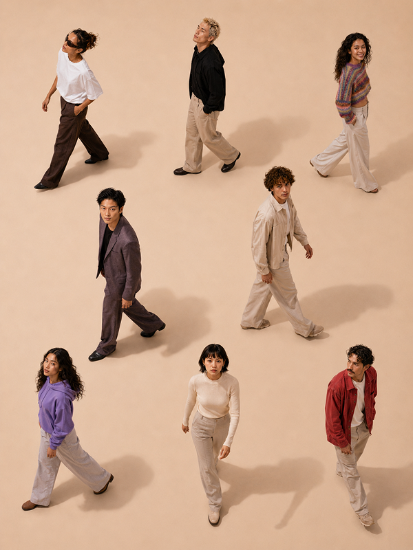 A group of diverse individuals walking on a beige background, each dressed in different casual clothing styles. There are eight people in total, some wearing colorful garments while others are in neutral tones. They appear to be walking in various directions.