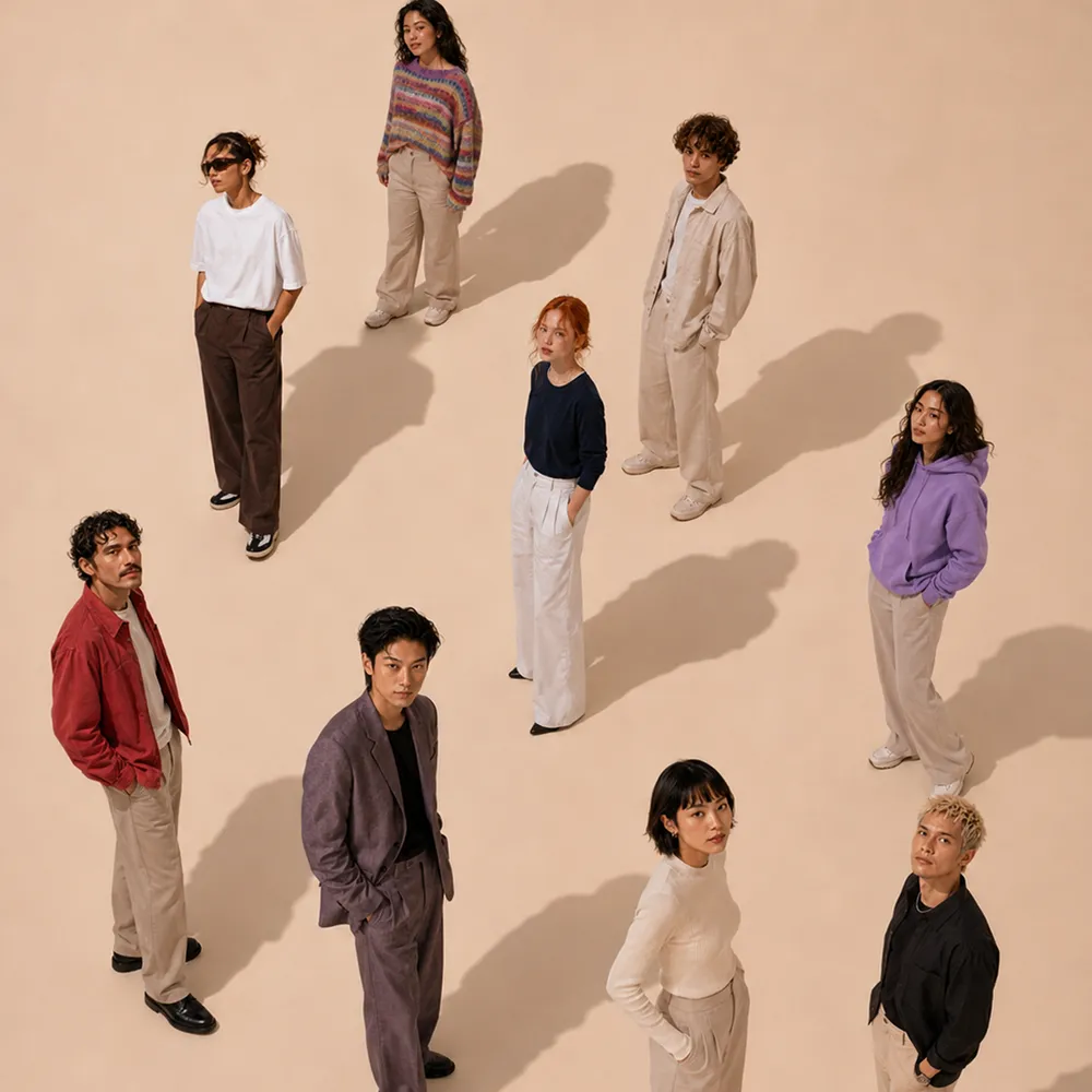 A group of eight people standing apart on a light brown background. They are dressed in casual clothing, including sweaters, t-shirts, and pants. The arrangement is staggered, creating a sense of depth.