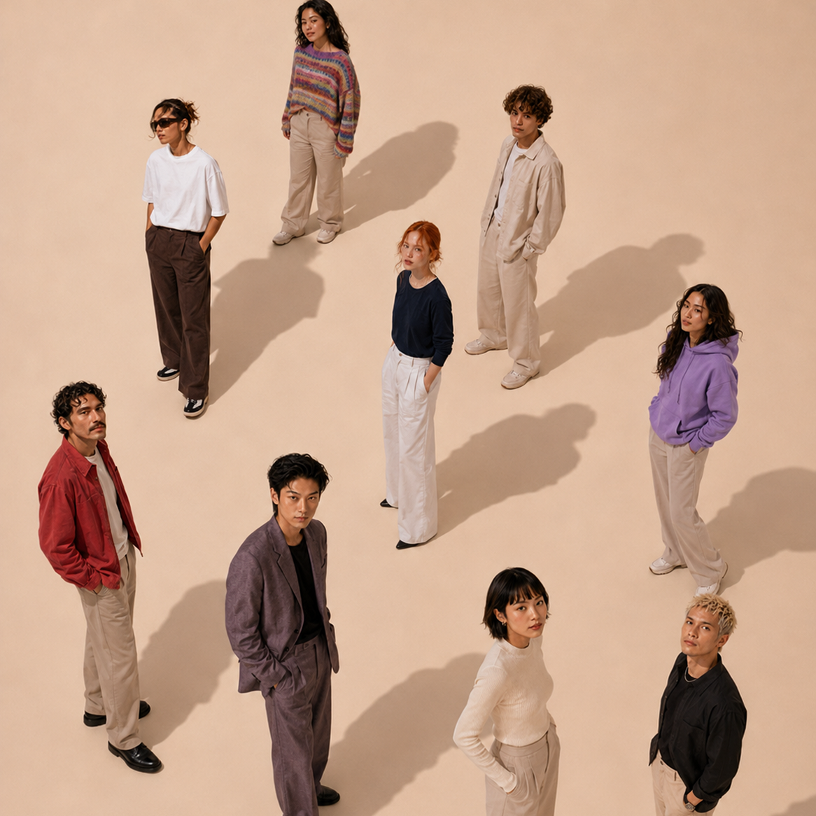 A group of eight people standing apart on a light brown background. They are dressed in casual clothing, including sweaters, t-shirts, and pants. The arrangement is staggered, creating a sense of depth.