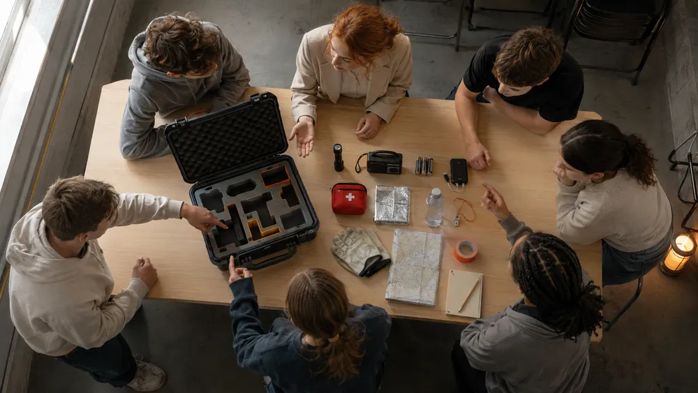A group of people sitting around a table looking at a black case filled with items. The table also has emergency supplies like a flashlight, radio, batteries, first aid kit, gloves, a map, and water bottle.