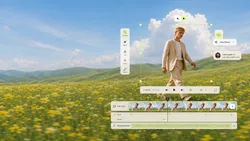 A man in a light-colored suit walks through a field of yellow flowers under a bright blue sky. Overlayed are video editing software elements, including a timeline, video controls, and comments.