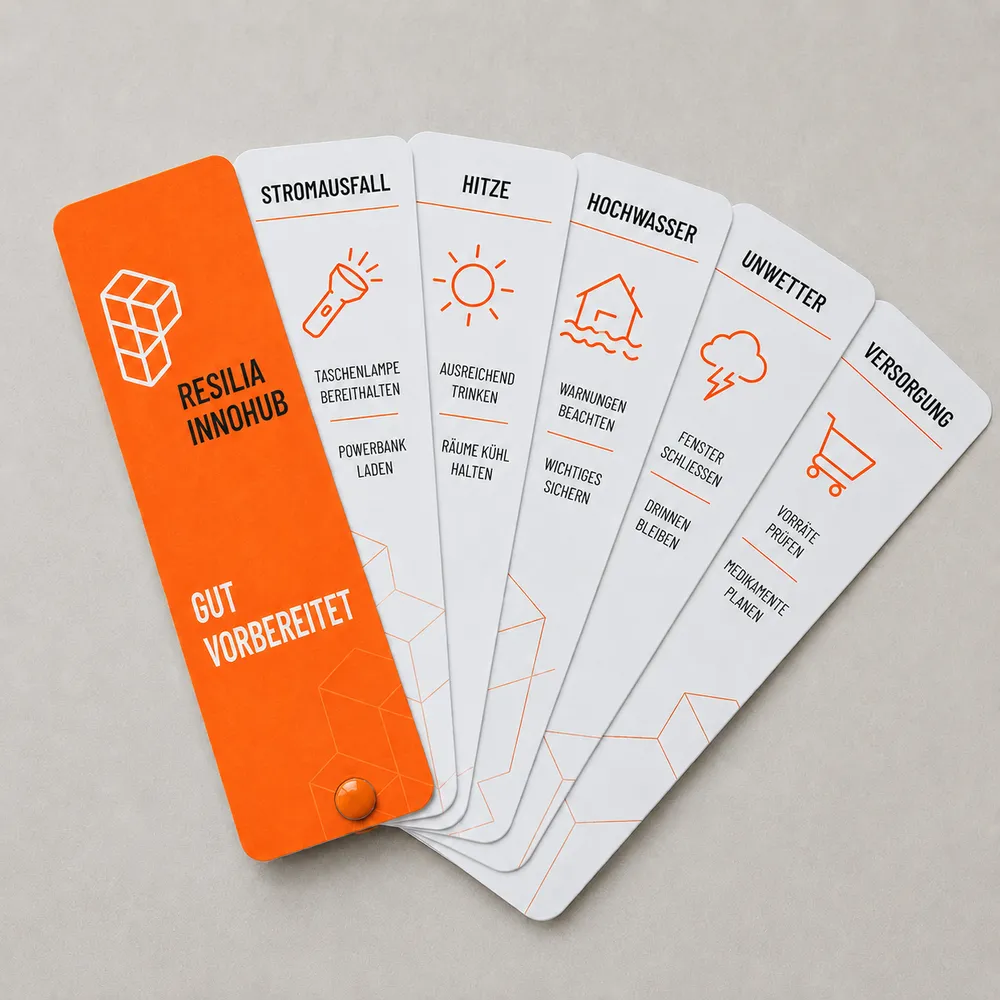 A set of orange and white information cards from Resilia Innohub, detailing preparedness steps for events like power outage, heat, flooding, storms, and supply management. Each card includes relevant icons and tips, such as having a flashlight ready and sufficient drinking water.
