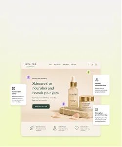 LUMIÈRE Botanicalsのウェブサイトが表示されており、スキンケア製品のメイン画像と3つの改善提案が紹介されています。1つ目の提案は'Improve CTA clarity'、2つ目は'Simplify conversion flow'、3つ目は'Strengthen product hierarchy'です。