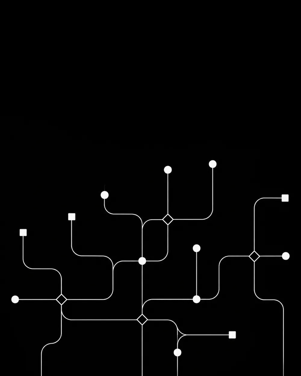 Abstract black background with white geometric lines and circles resembling a network or circuit pattern.