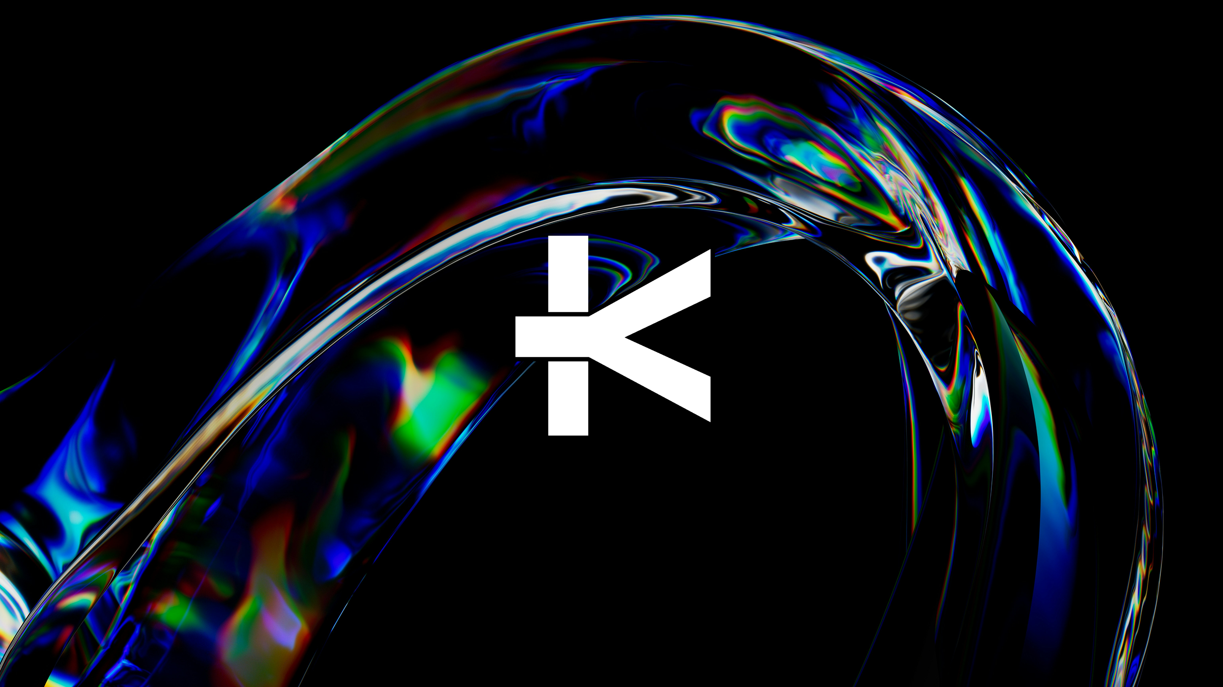 Abstract colorful wave with a white K symbol on a black background.