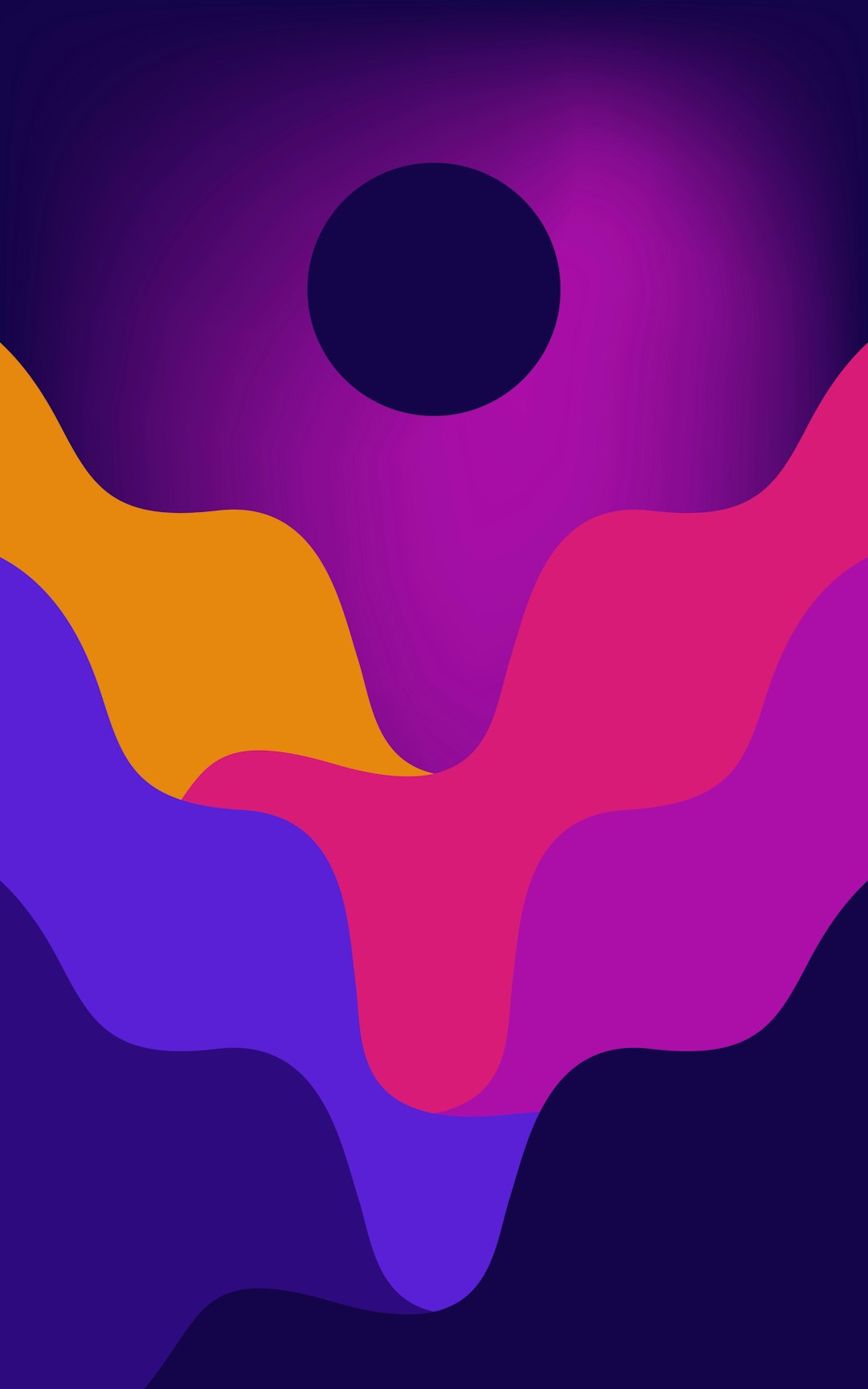 Abstract design with colorful wavy shapes and a dark circle.