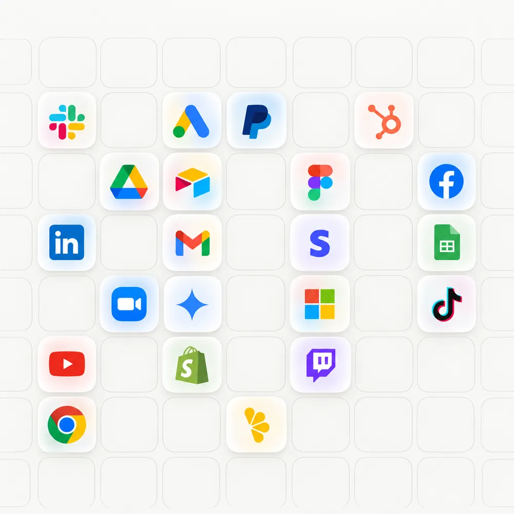 옅은 격자 배경에 Slack, Google Drive, PayPal, HubSpot, LinkedIn, Gmail, Zoom 등 다양한 앱 아이콘이 배치되어 있습니다.