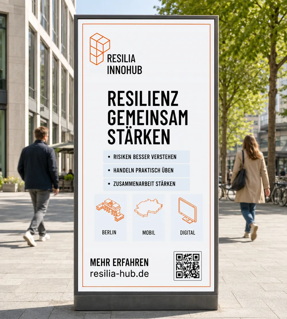 An outdoor advertisement for Resilia Innohub with the text 'Resilienz Gemeinsam Stärken', listing three goals: understanding risks better, practicing actions, and strengthening cooperation. It includes icons labeled Berlin, Mobil, and Digital, with a QR code at the bottom. People walking nearby.