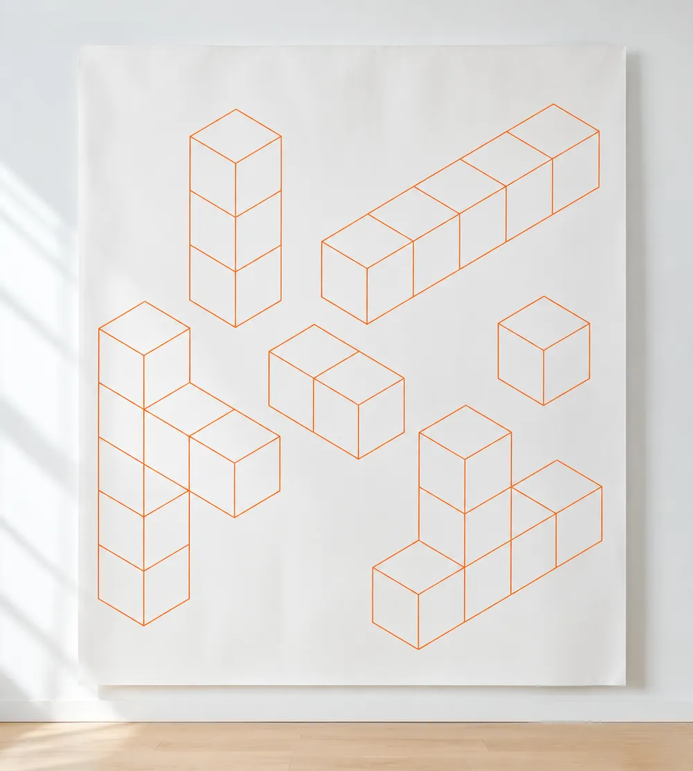 Artwork featuring outlines of cubes connected in various geometric arrangements, drawn in orange on a white background.