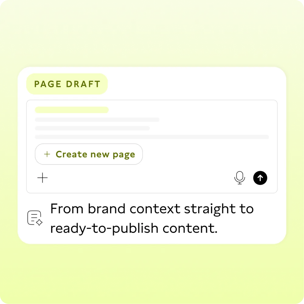 緑がかった背景のコンテンツ編集ソフトの画面に、オプション'Create New Page'とテキスト'From brand context straight to ready-to-publish content.'が表示されています。