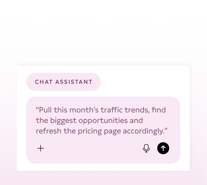 Benutzeroberfläche eines Chat-Assistenten mit dem Text 'Pull this month's traffic trends, find the biggest opportunities and refresh the pricing page accordingly.' Es gibt Symbole für Mikrofon, Senden und eine Hinzufügeschaltfläche.