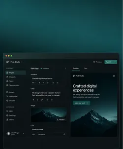 User interface of a website builder with a dark theme, featuring a navigation bar on the left side with options like Pages, Projects, and Team. The main part shows the content editor with a preview on the right side, displaying a preview of a website with a mountain image and the text 'Crafted digital experiences'.