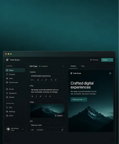 User interface of a website builder with a dark theme, featuring a navigation bar on the left side with options like Pages, Projects, and Team. The main part shows the content editor with a preview on the right side, displaying a preview of a website with a mountain image and the text 'Crafted digital experiences'.
