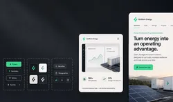 Gridform Energy user interface with various button designs, a dashboard with charts, and text about energy optimization. Solar panels in the background.