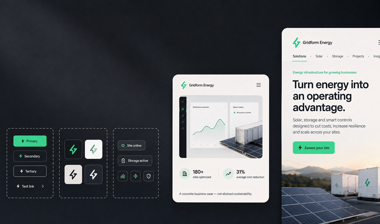 Benutzeroberfläche für Gridform Energy mit verschiedenen Button-Designs, einem Dashboard mit Diagramm und Text über Energieoptimierung. Solaranlagen im Hintergrund.