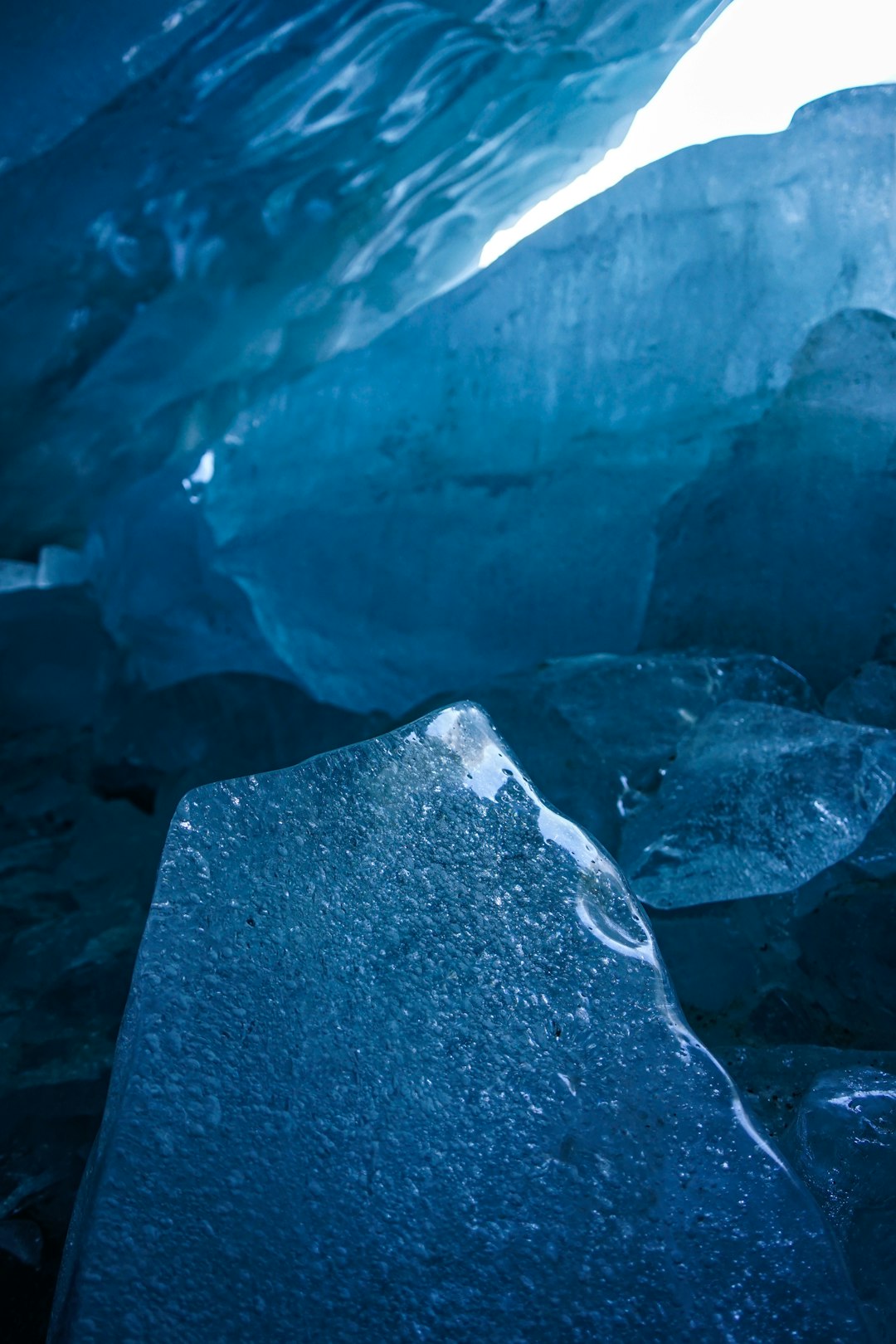 Blue ice formations inside a cave.