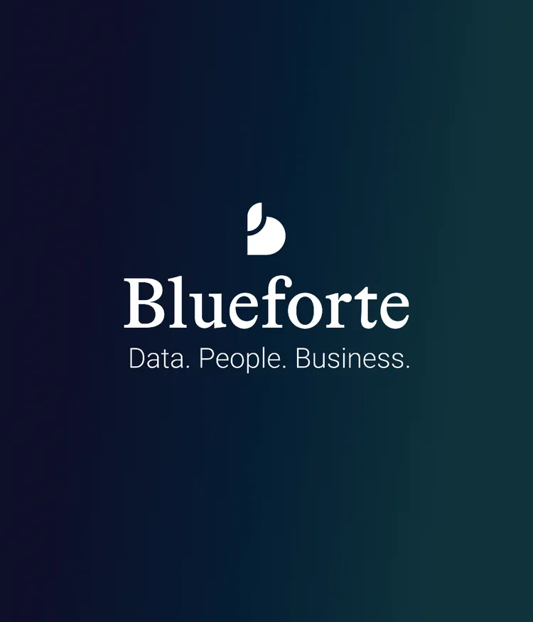 Blueforte logo with tagline on a dark gradient background.