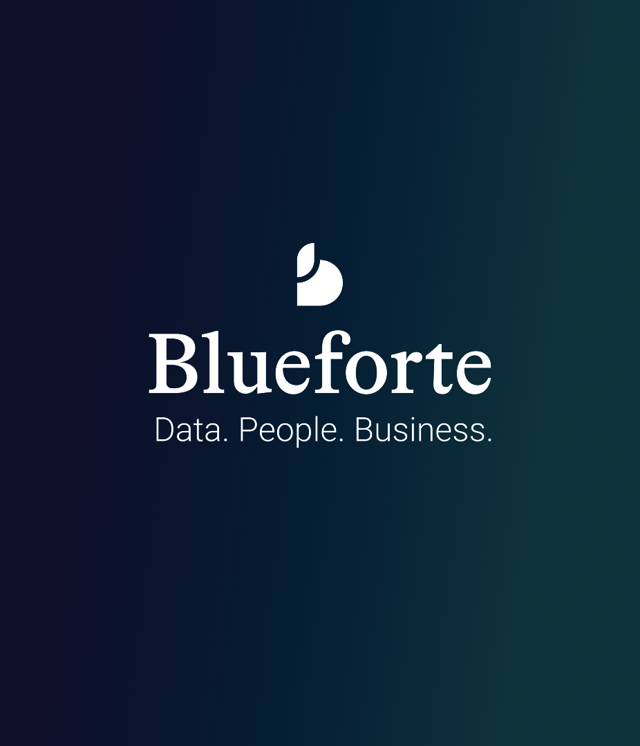 Blueforte logo with tagline on a dark gradient background.