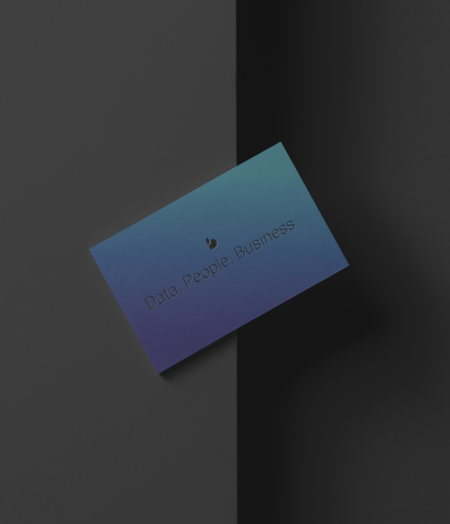 Business card with gradient design and text.