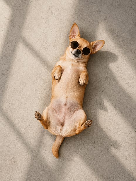 Chihuahua wearing sunglasses lying on its back on a concrete floor.