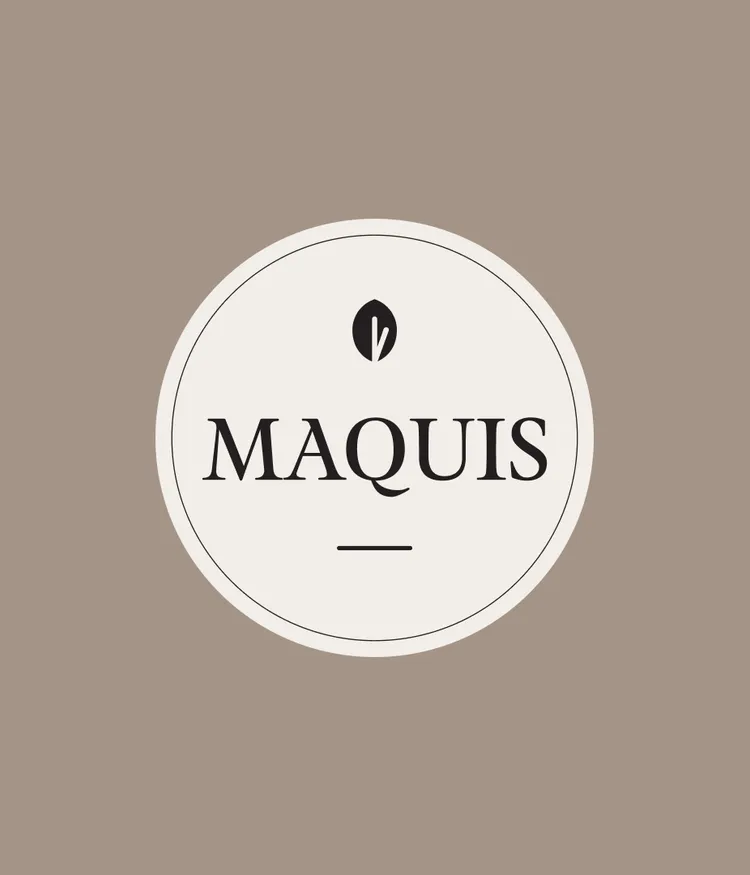 Circular logo with the text 'MAQUIS' on a beige background.
