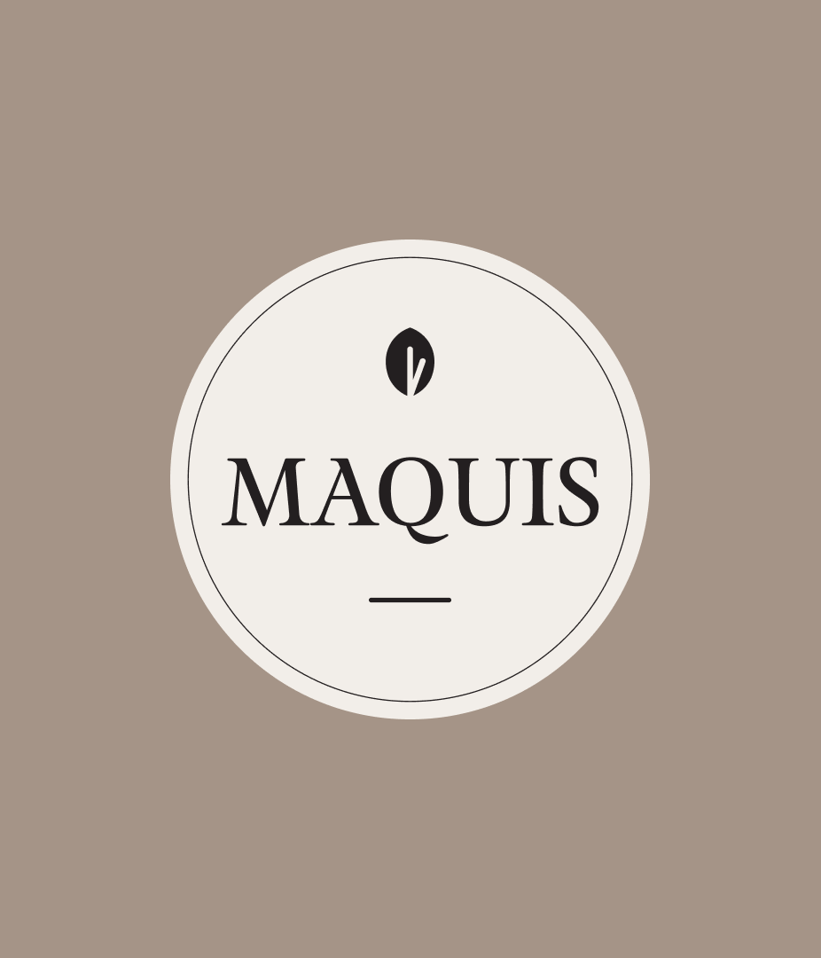 Circular logo with the text 'MAQUIS' on a beige background.