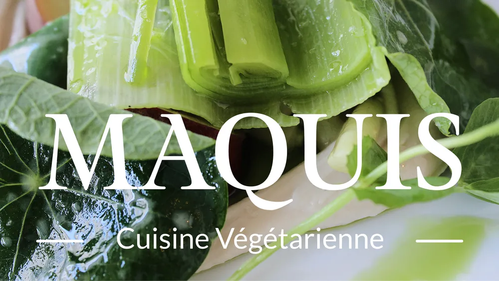 Close-up of fresh green vegetables with the text 'MAQUIS Vegetarian Cuisine'.
