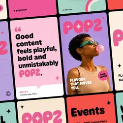 Collage of colorful advertisements for POPZ featuring bold text, a person blowing pink bubble gum, and event details. Slogans emphasize playfulness and boldness.