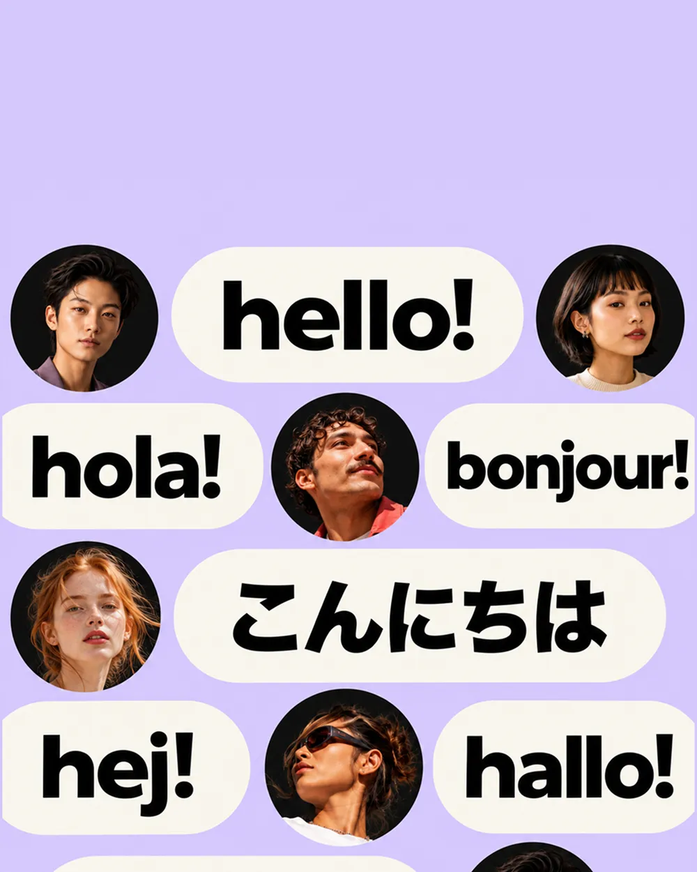 보라색 배경에 다양한 사람들과 hello, hola, bonjour, hej, hallo, こんにちは 등 여러 언어의 인사말을 나타내는 'hello' 말풍선을 배치한 콜라주입니다.