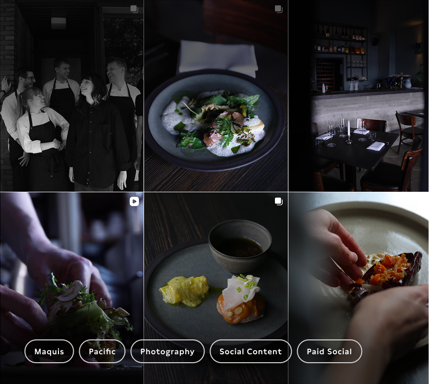 Collage of six images showing five chefs in black and white, a gourmet dish with foam, an empty restaurant interior, a hand preparing a dish, a plated dish with a cup, and another hand preparing food.