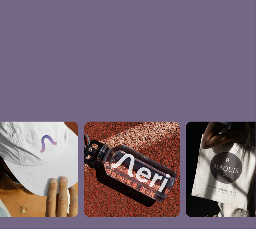 Collage of three items on a purple background: a white cap with a purple and pink logo, a transparent water bottle with 'Aeri' written on it, and a white tote bag with 'MAQUIS' and 'Cuisine Végétarienne' printed on it.