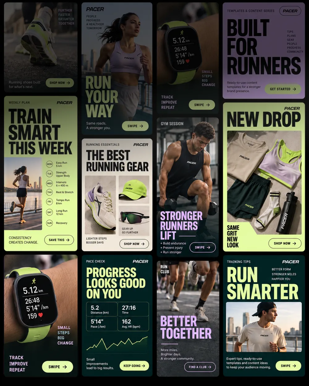 スポーツ用品やランナー、'Run Your Way'や'Progress Looks Good On You.'などのモチベーションを高めるメッセージを取り入れた、さまざまなフィットネス広告のコラージュです。シューズやウェア、ランニングデータを表示するスマートウォッチ、走る人々が写っています。各レイアウトには鮮やかなフォントやグラフィックが使われています。