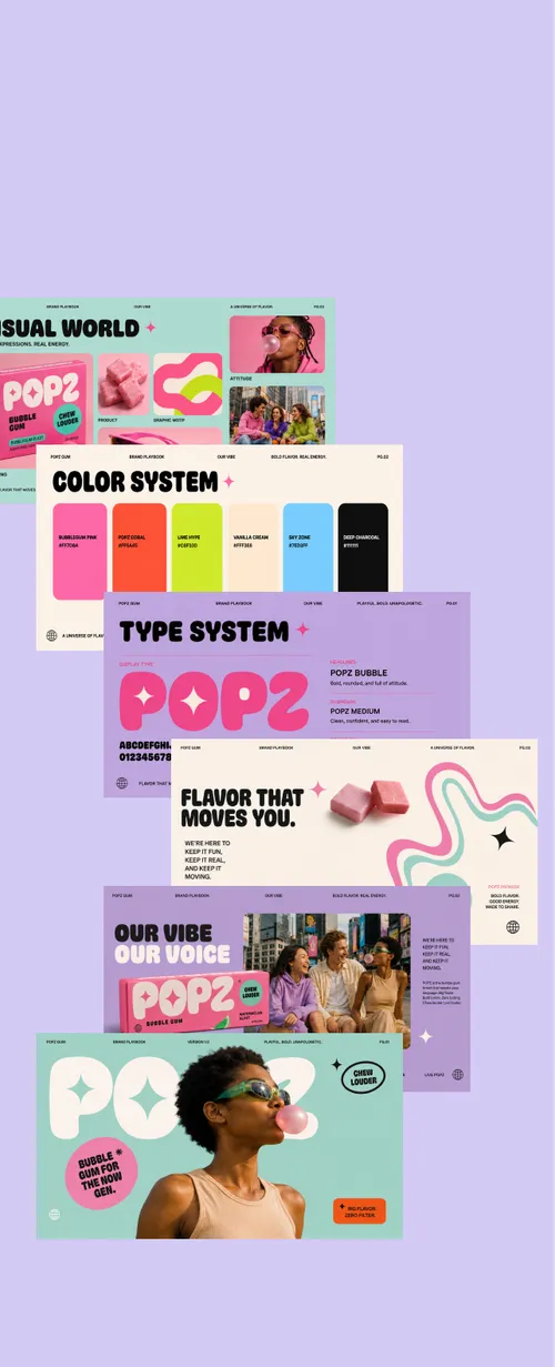 Collage of vibrant brand mockup images for 'POPZ' bubble gum, featuring colorful design elements, typeface examples, and lifestyle photos of people chewing gum in urban settings.