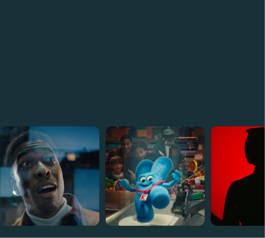 Collage with three images: left shows a surprised man looking outside, center features a blue cartoon character in a grocery store with people watching, right shows a silhouette of a person against a red background.
