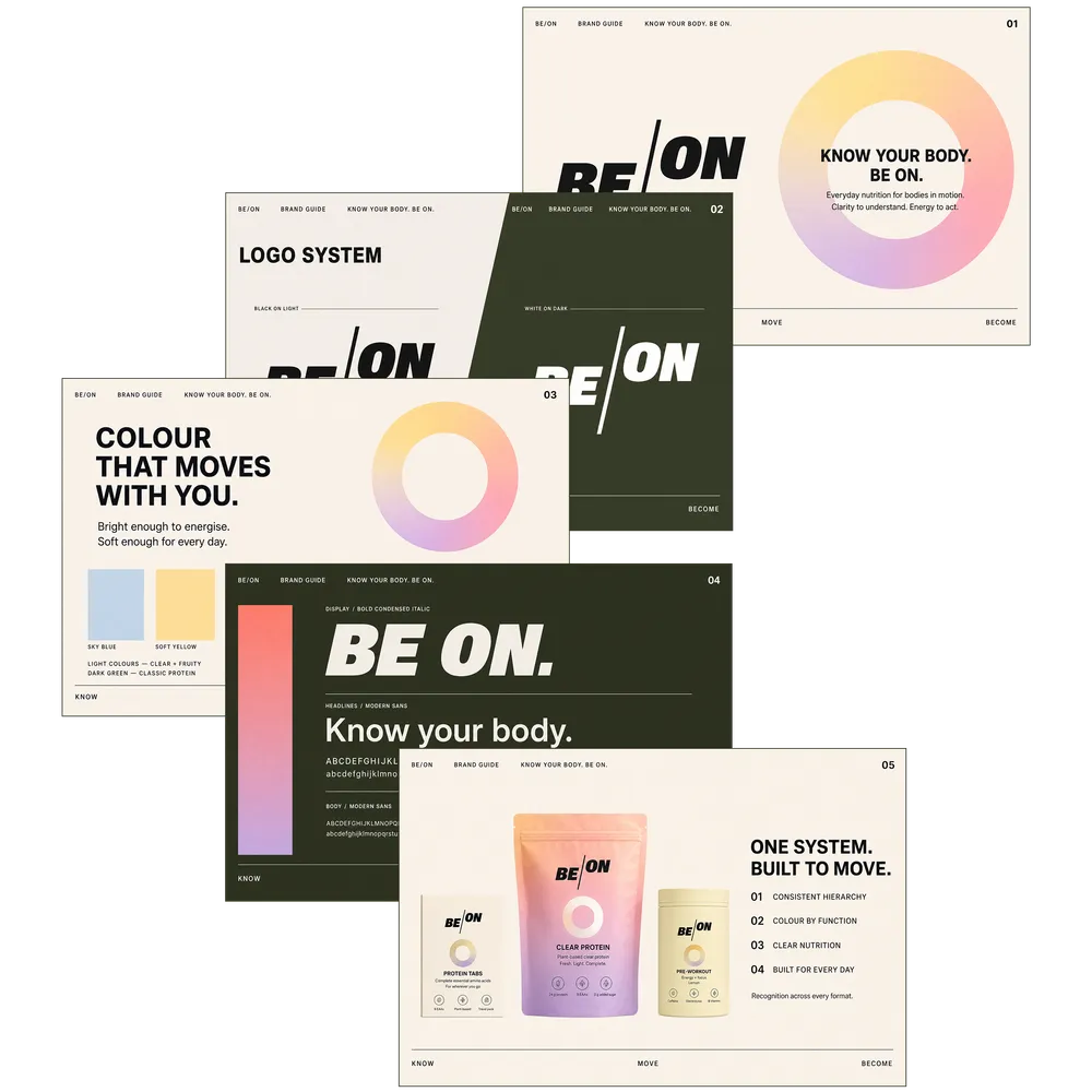 Collection of brand guide slides for 'BE ON' featuring logo, color scheme, typography, and product packaging.