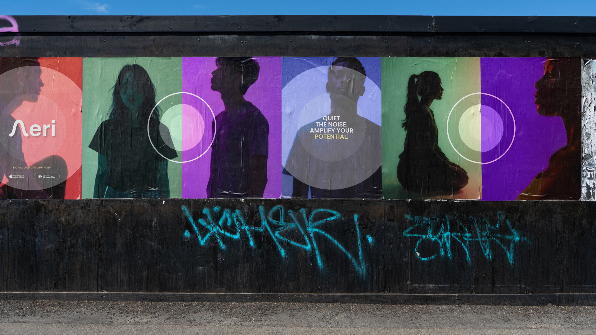 Colorful street art posters with silhouettes and text.