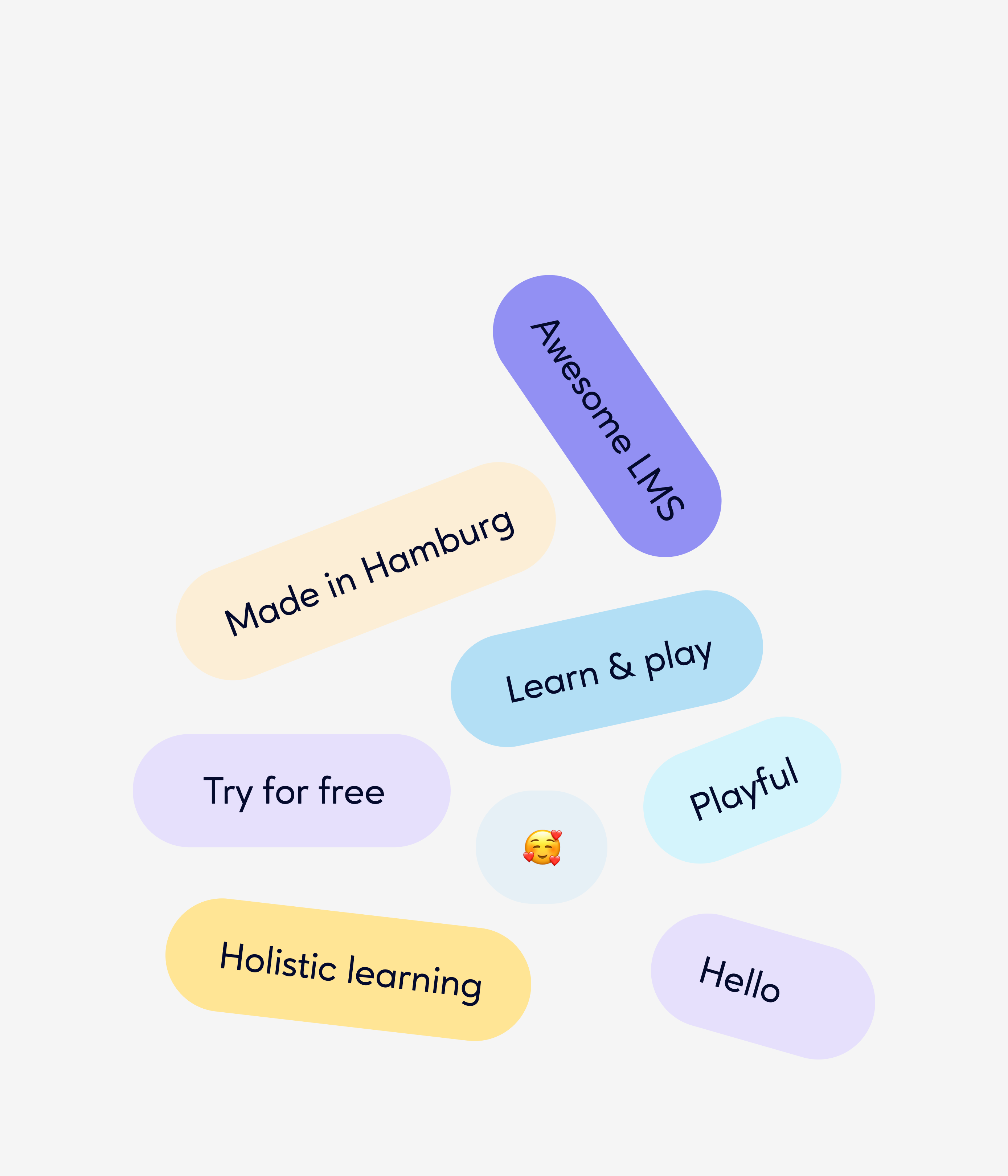 Colorful text bubbles with various phrases on a white background.