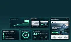 ウェブサイトの各種パフォーマンス指標と改善状況を表示するダッシュボードです。推移グラフ、改善前後の比較、ライブプレビュー、最適化チェックリストが含まれています。