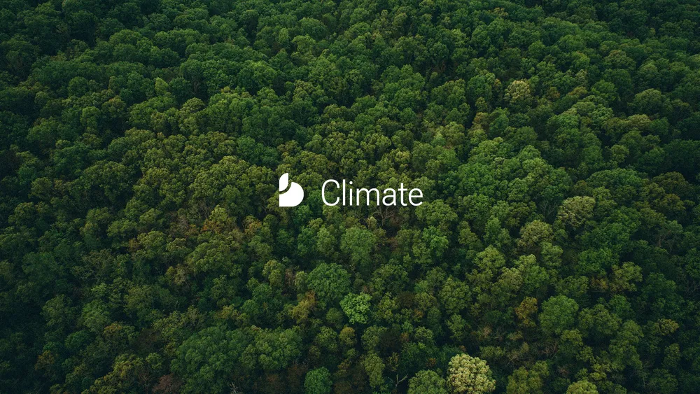 Dense green forest with the word 'Climate' and a logo in the center.