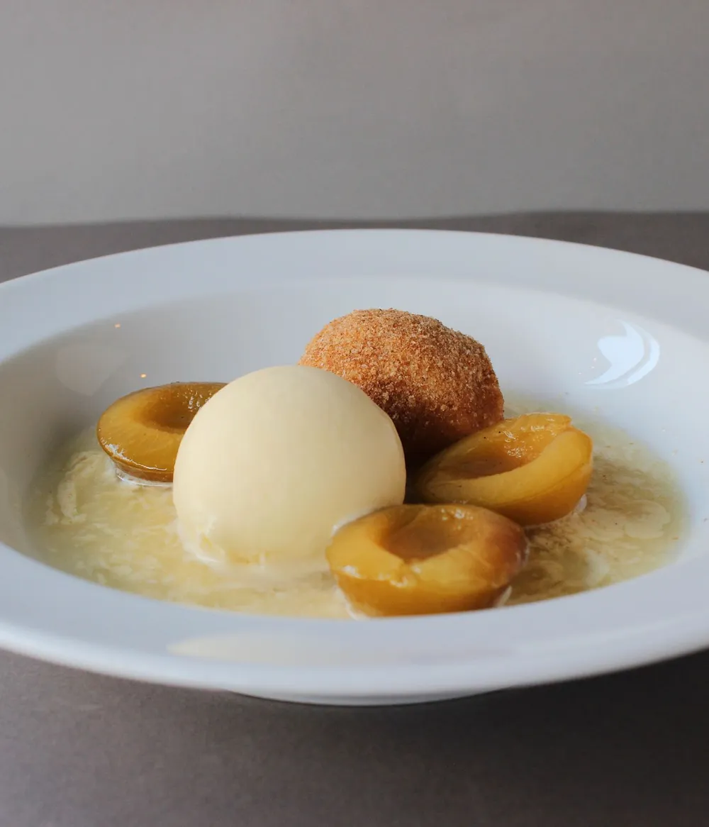 Dessert with ice cream, fruit, and a pastry on a plate.