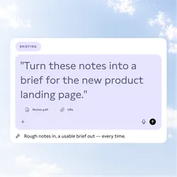 薄紫色の背景のデジタルノートに、'Turn these notes into a brief for the new product landing page.' と表示されています。その下には、'Notes.pdf' というラベルの付いたPDF文書とURLのアイコンがあります。背景には、雲が浮かぶ青空が広がっています。