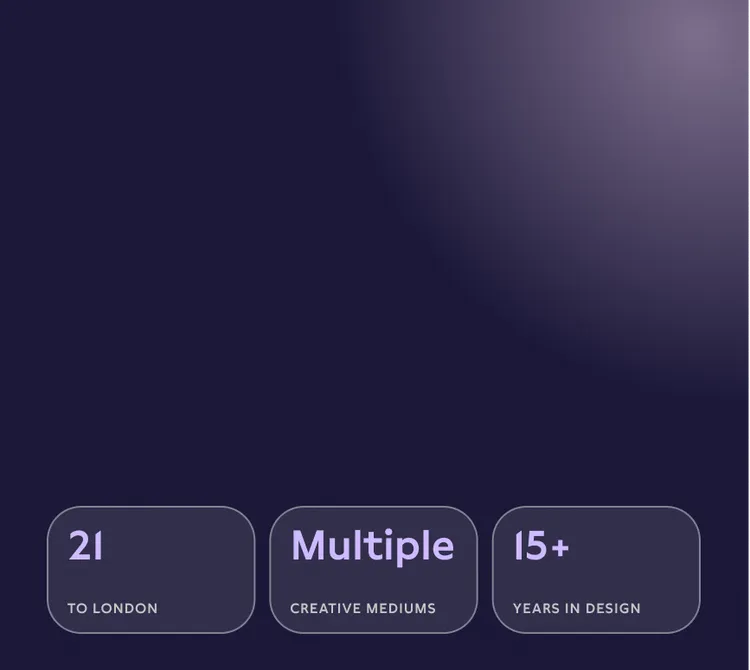 Three tiles with text on a dark purple background. The first tile shows '21 TO LONDON', the second 'Multiple CREATIVE MEDIUMS' and the third '15+ YEARS IN DESIGN'.