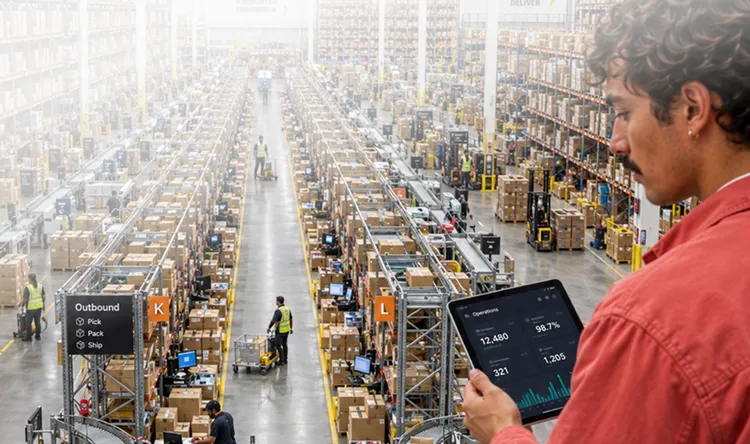 A man in a warehouse observes a tablet with statistics. The warehouse is full of shelves with boxes and several people in safety vests are working.