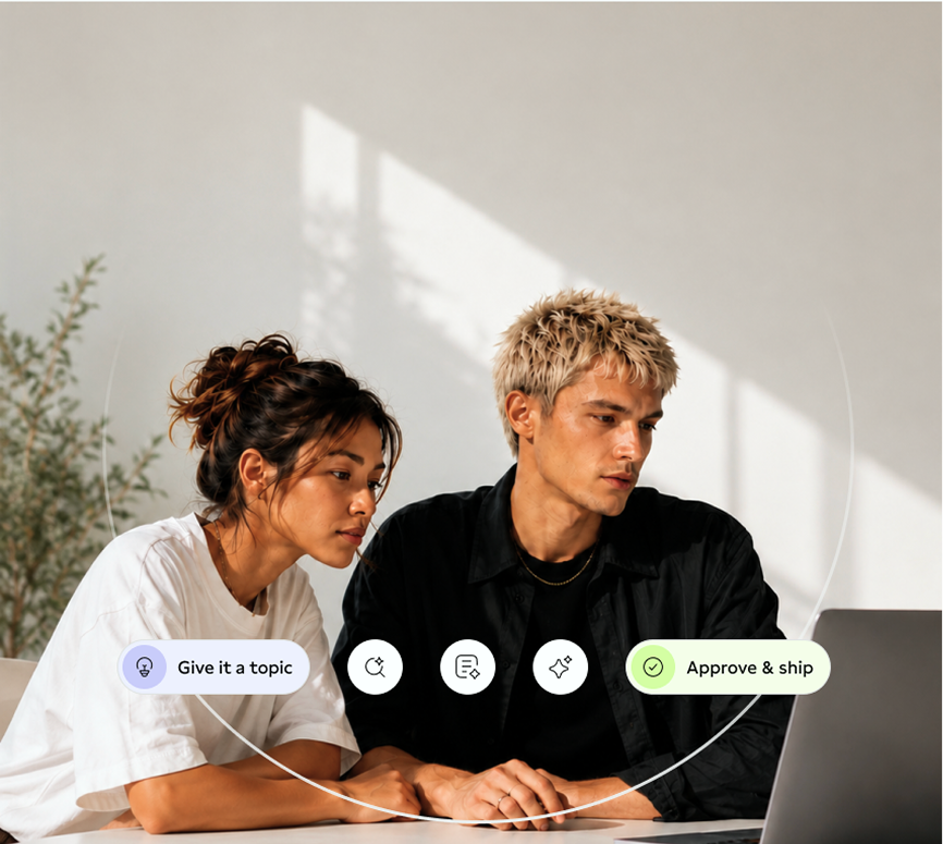Ein Mann und eine Frau schauen konzentriert auf einen Laptopbildschirm. Vor ihnen befinden sich Benutzeroberfläche-Elemente mit Text wie "Give it a topic" und "Approve & ship". Die Szene ist in einem hellen Raum mit Pflanzen im Hintergrund.
