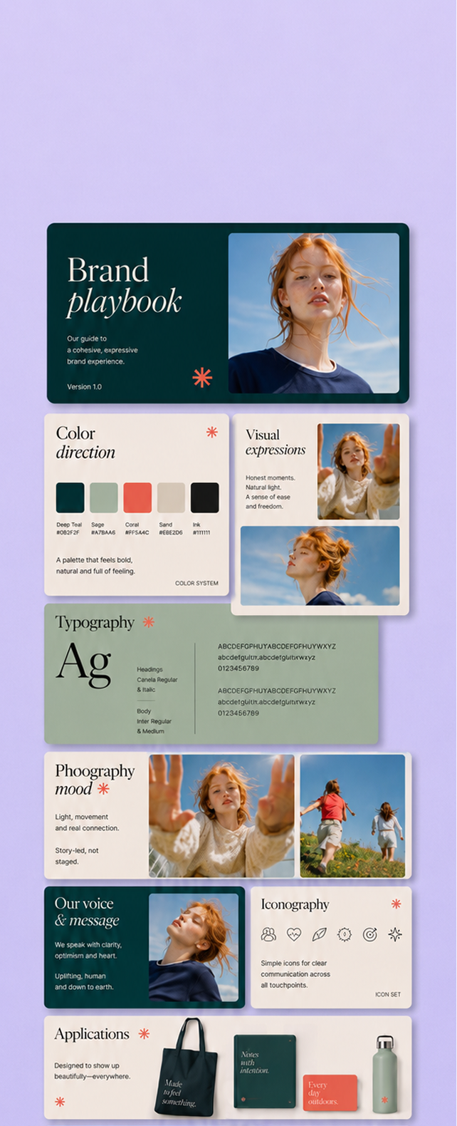 Eine detaillierte Marken-Broschüre mit Titel 'Brand Playbook'. Enthält Farbpalette, Fotografien von einer Frau im Freien, Schriftenbeispiele und verschiedene Platzhalter für Produkte wie eine Tasche, Notizbuch und Wasserflasche. Das Design ist auf einem lila Hintergrund platziert und verwendet Erd- und Pastellfarben.