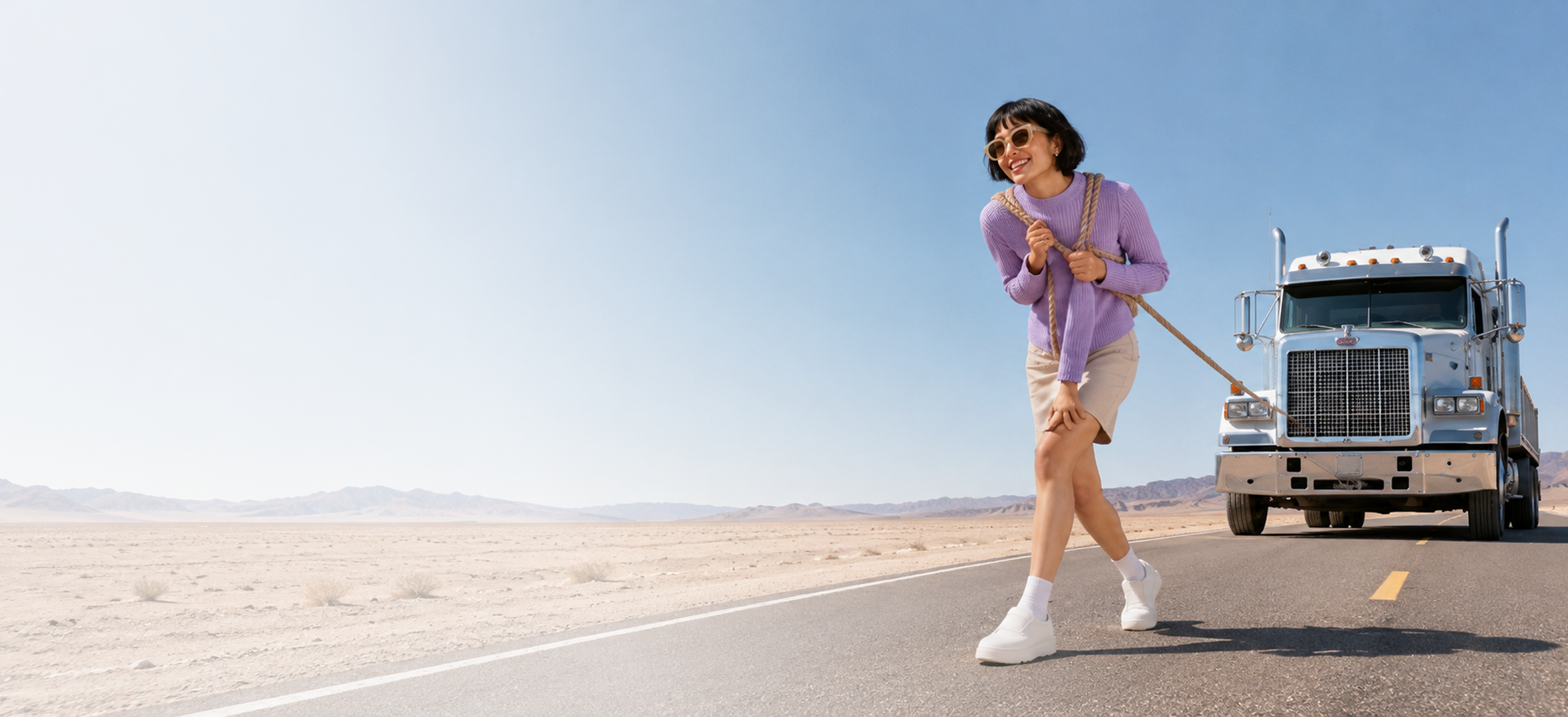 Eine Frau in einem lila Pullover zieht einen LKW über eine Straße in einer Wüstenlandschaft. Sie trägt eine Sonnenbrille und lächelt, während sie ein Seil hält. Der Himmel ist klar und blau.