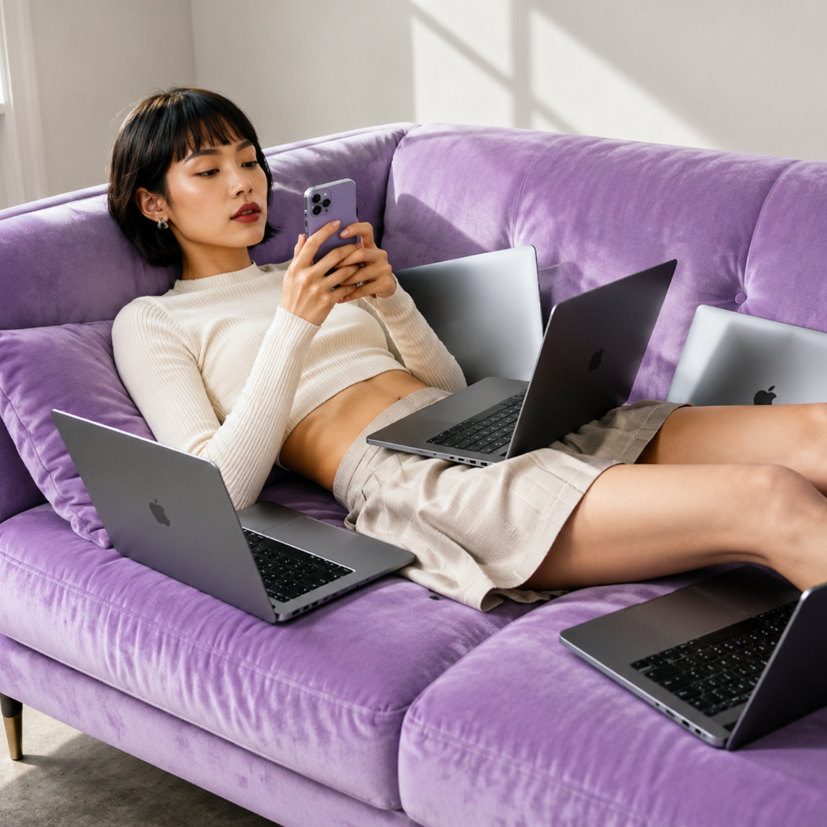 Eine Frau liegt auf einem lila Sofa, umgeben von mehreren Laptops, während sie ein Smartphone hält.